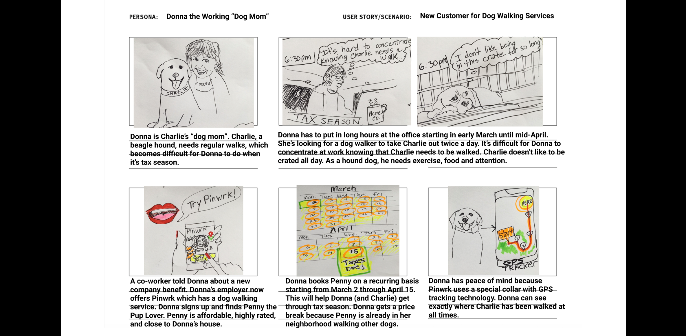 Storyboard of Donna the dog mom seeking a dog walker.
